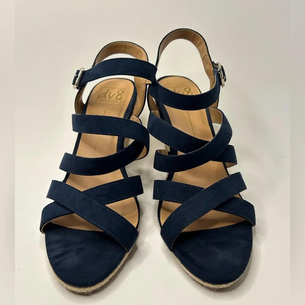 DV8 Dolce Vita Blue Suede Open Toe Strappy Espadrille Wedge Sandal Size 8.5